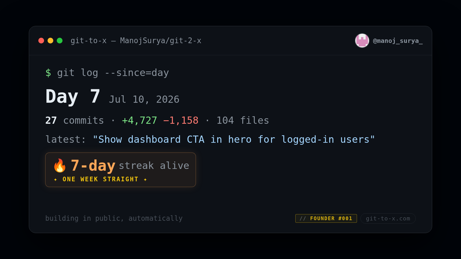 Day 7 — This week: dashboard CTA now appears for logged-in users